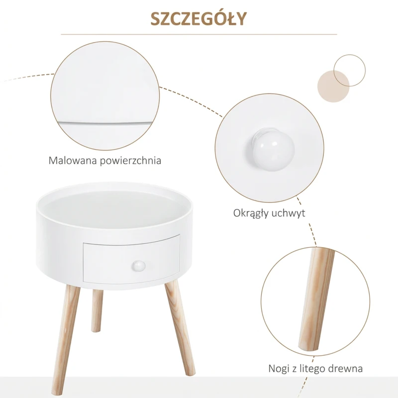 HOMCOM Stolik Kawowy z Szufladą, Okrągły, Design Skandynawski, Obrzeże Ochronne, Drewno, Ø38 x W45 cm, Biały