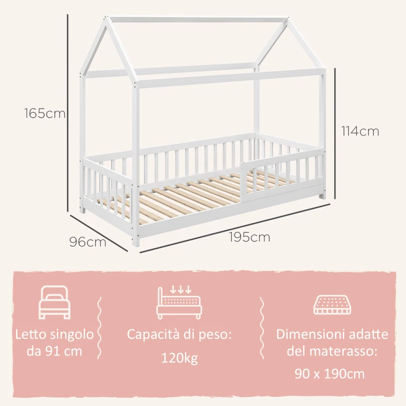 HOMCOM Struttura Letto per Bambini a Forma di Casetta con Doghe e Recinzione, in Legno di Pino, 96x195x165 cm, Bianco
