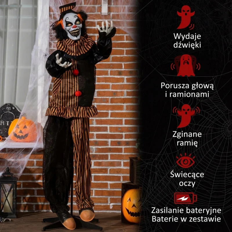 1,7m Dekoracja Halloween, Horror Klaun z dźwiękiem i efektami