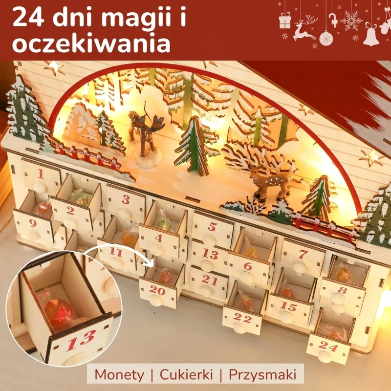 HOMCOM Kalendarz adwentowy do napełniania, 24 szufladki, Świąteczny kalendarz z LED, Dekoracje świąteczne, Pudełko adwentowe, Naturalne drewno, 36 x 10 x 34 cm