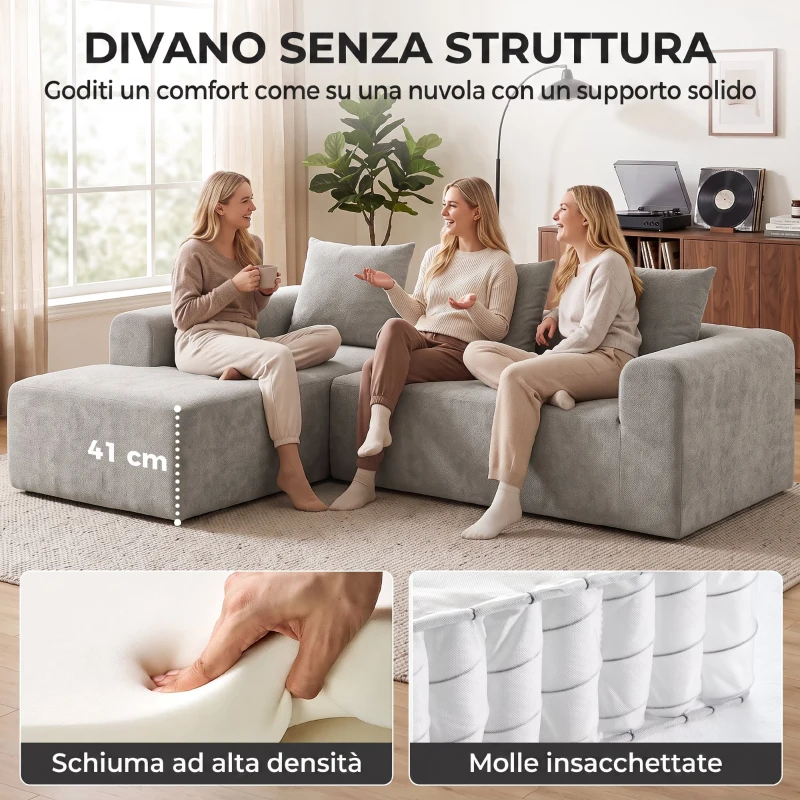 HOMCOM Divano Angolare 3 Posti Senza Struttura, Seduta Ampia Profonda, in Ciniglia per Soggiorno, Grigio Chiaro