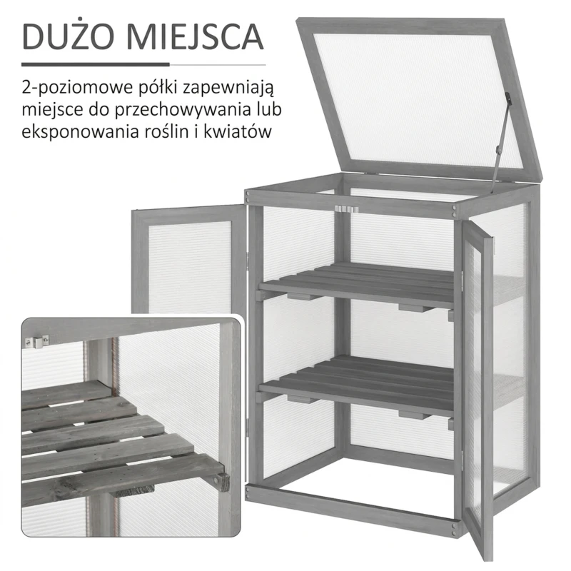 Outsunny 3 Poziomy Szklarnia Tunelowa Na Rośliny Warzywa Teł Gastronomiczny z Dwiema Drzwiami z Drewna i Poliwęglanu Odporny na Warunki Atmosferyczne Nośność do 15 kg (na półkę) 58 x 44 x 78 cm