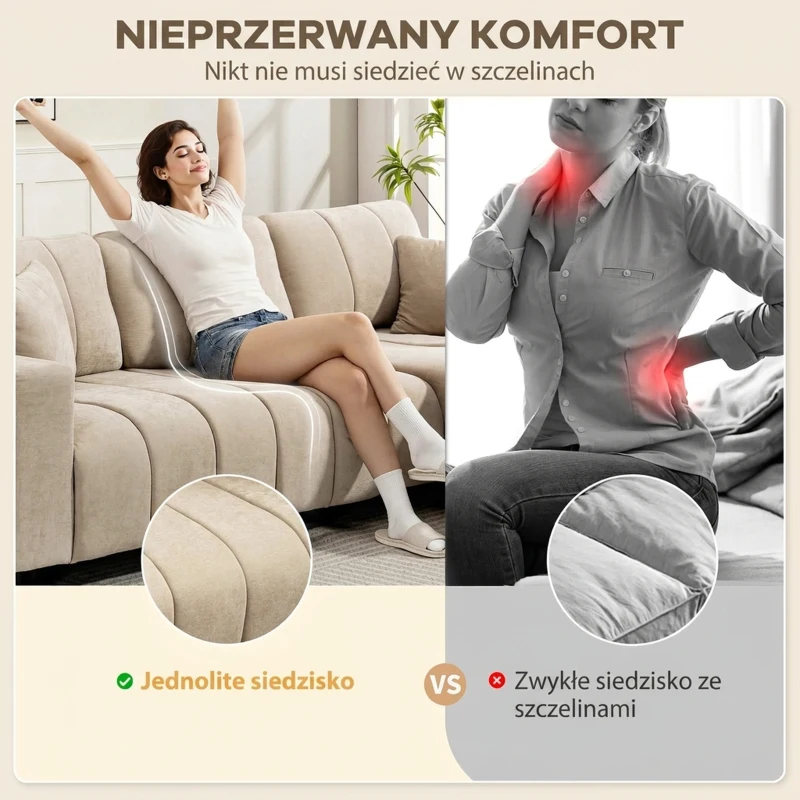Narożna Sofa HOMCOM z Zmiennym Narożnikiem, Zintegrowane Siedzisko, Duża 3-osobowa Sofa w Kształcie Litery L z Sprężynowym Siedziskiem, 2 Poduszki, Stalowa Rama, Sofa do Salonu, Kolor Beżowy