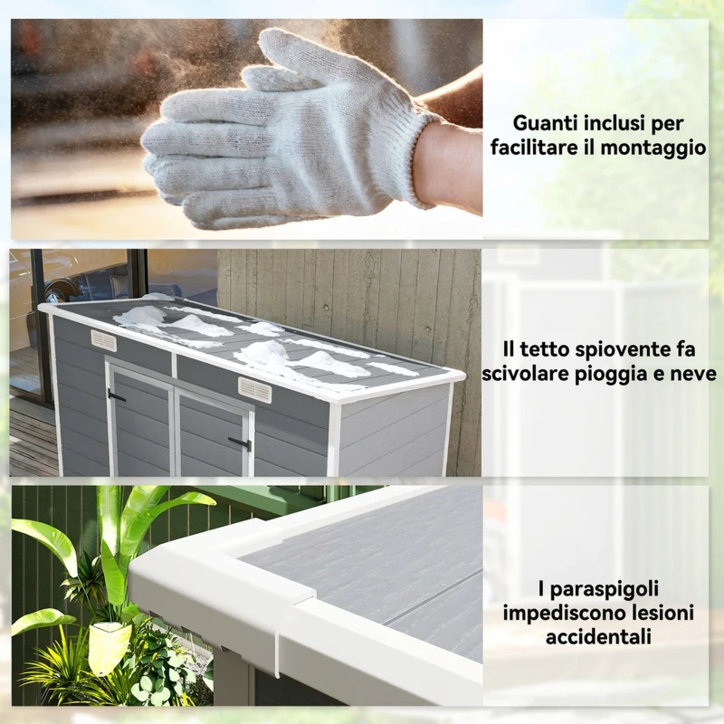 Outsunny Casetta da Giardino in Resina con Pavimento, 2 Porte con Blocco, Finestra, 2.4 x 1.3 m, Grigio