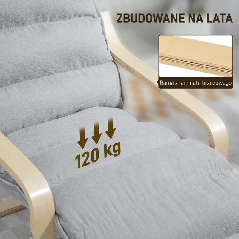 HOMCOM Birch Wood Lounge Chair, Upholstered Recliner Lounge Seat with Adjustable Footrest, Modern Armchair for Living Room, Bedroom, Balcony, Office, Light Grey