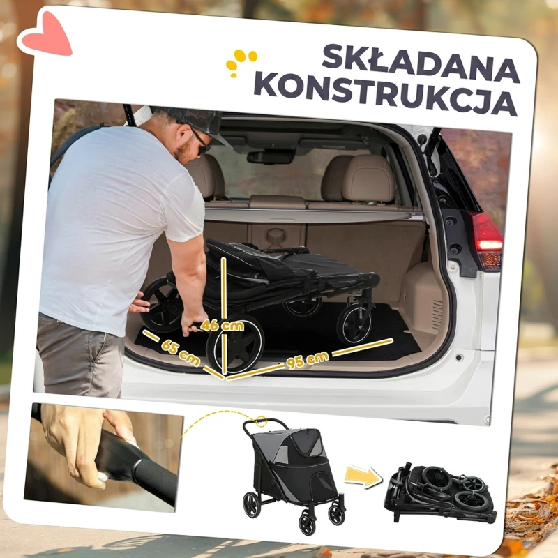 PawHut Wózek dla psa, Wózek dla psa z poduszką, składany wózek dla psa, wózek dla kota dla dużych i średnich psów, wózek dla psa z oknem z siatki, paskami bezpieczeństwa, torbą, tkanina Oxford, Szary