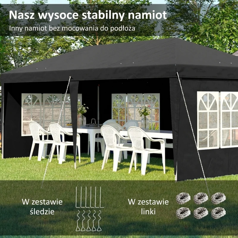 Outsunny Pawilon 3x6m wodoodporny składany z 4 ścianami, okna, UV, torba, czarny