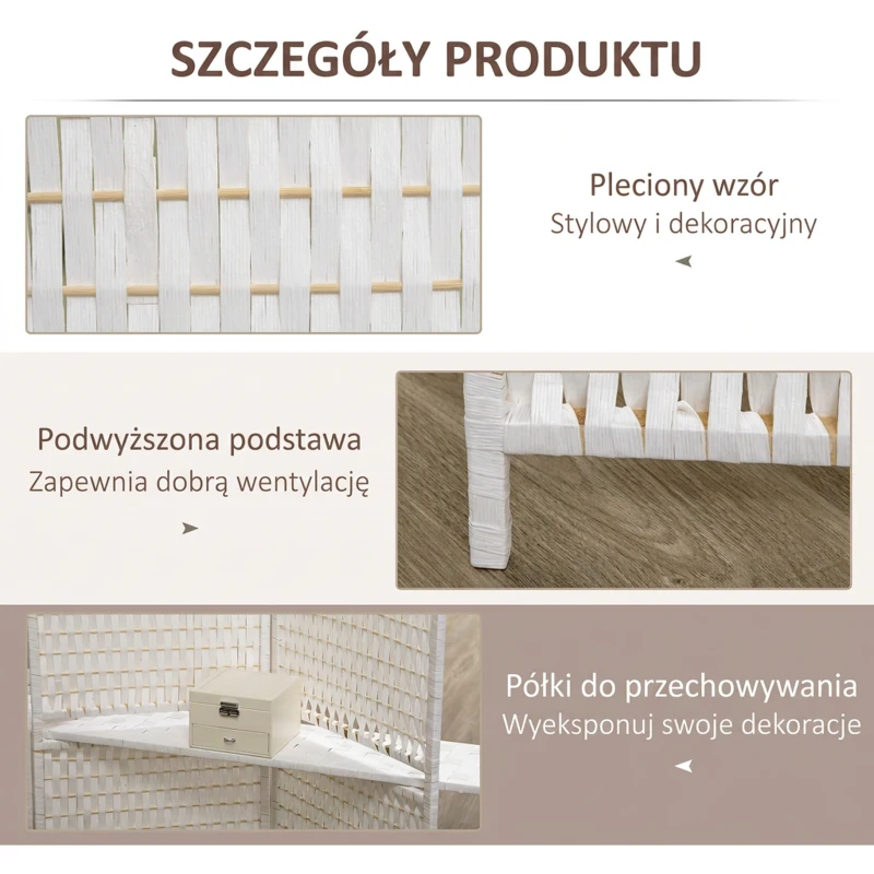 HOMCOM Parawan 4-częściowy 181 x 180 cm, Składany, z 2 półkami wykonany z drewna sosnowego i bambusa, do sypialni, biały