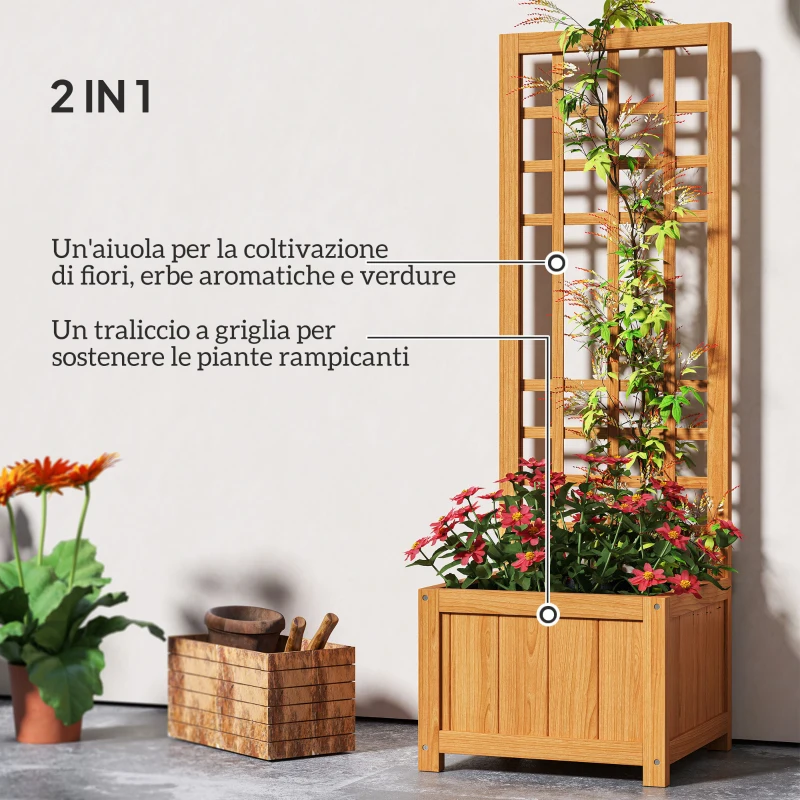 Outsunny Fioriera con Traliccio per Rampicanti con Foro di Drenaggio e Fodera, in Legno, 40x40x120 cm, Marrone