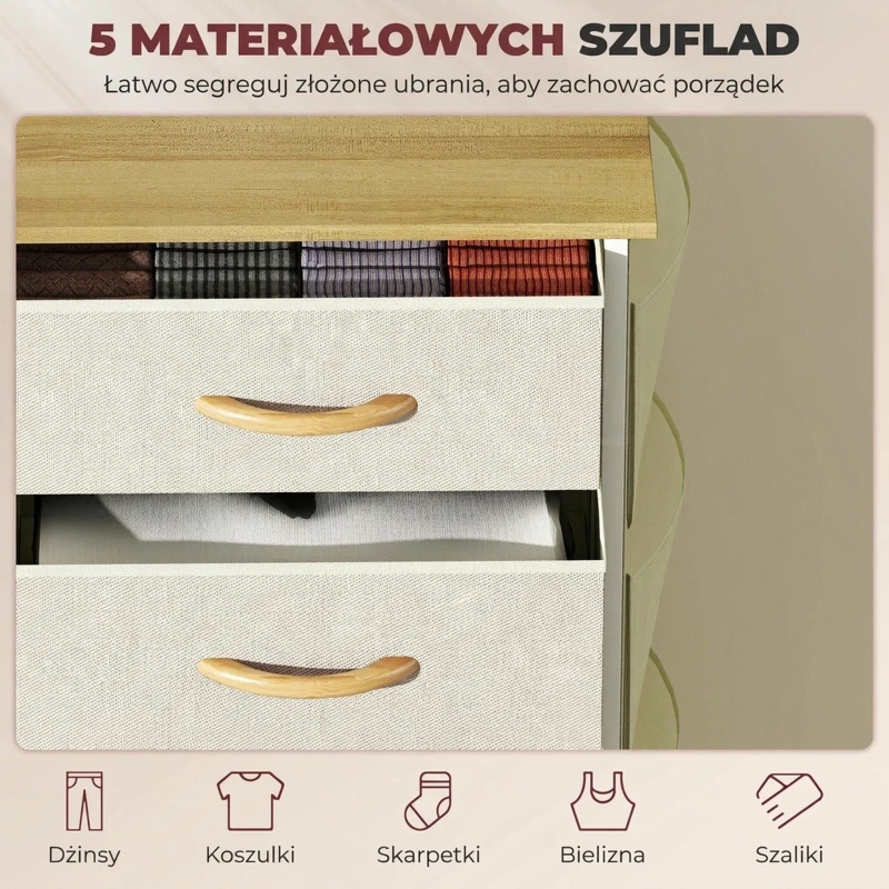 HOMCOM Komoda do sypialni z 5 materiałowymi szufladami, stalowymi wzmocnieniami, drewnianym blatem, 4 kieszeniami i 2 hakami, beżowa