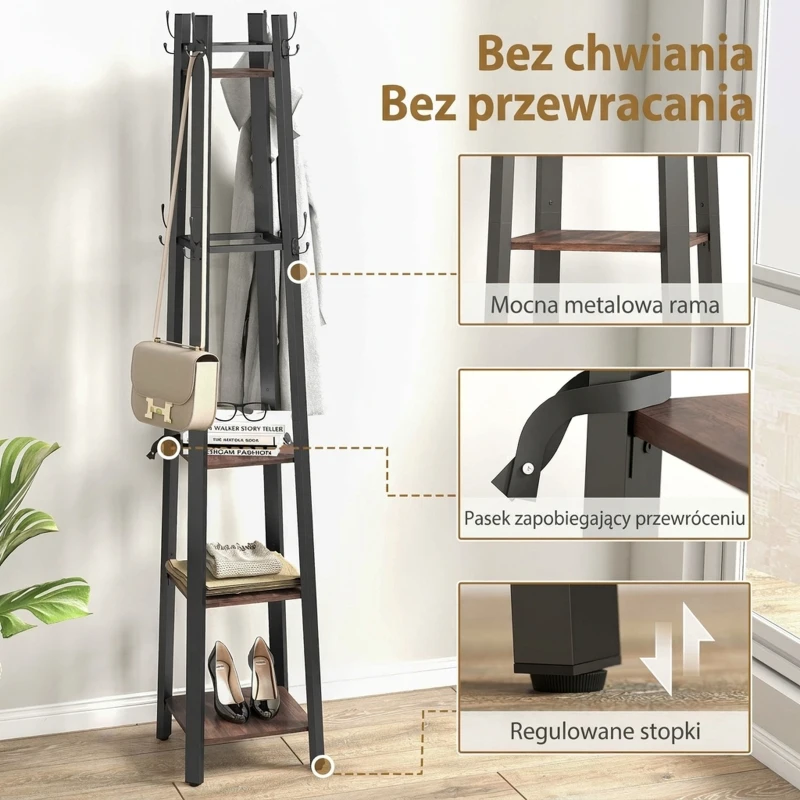 HOMCOM Wieszak Garderobiany z 4 Poziomami, Wolnostojący Stojak na Ubrania, 8 Haków, 4 Półki, Styl Industrialny, Metal, Płyta Wiórowa, Brązowy