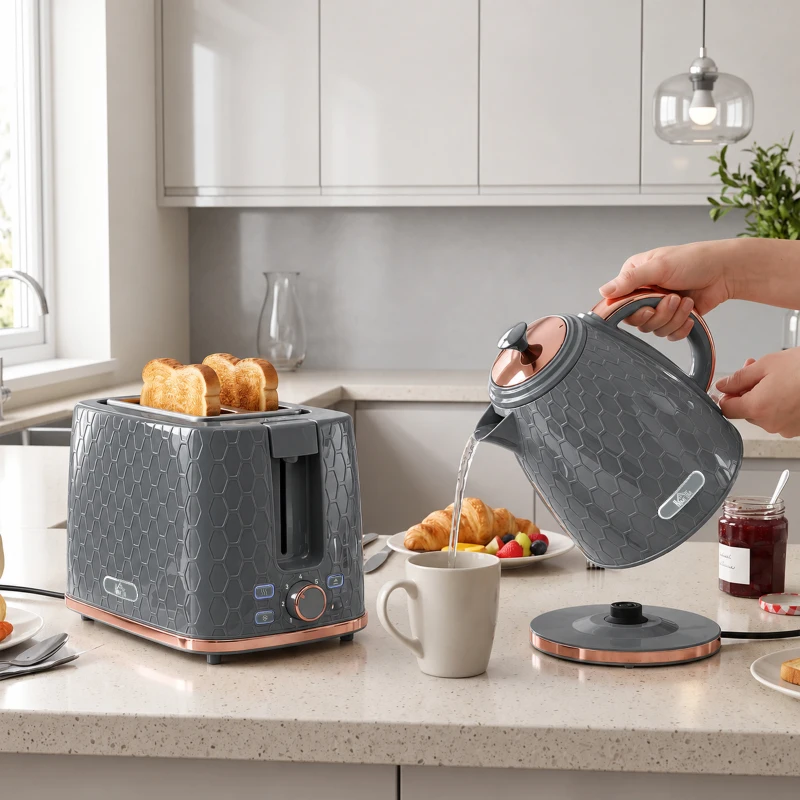 HOMCOM 1.7L 3000W Fast Boil Kettle & 2 Slice Toaster Set, Kettle and Toaster Set with Auto Shut Off, Browning Controls, Grey