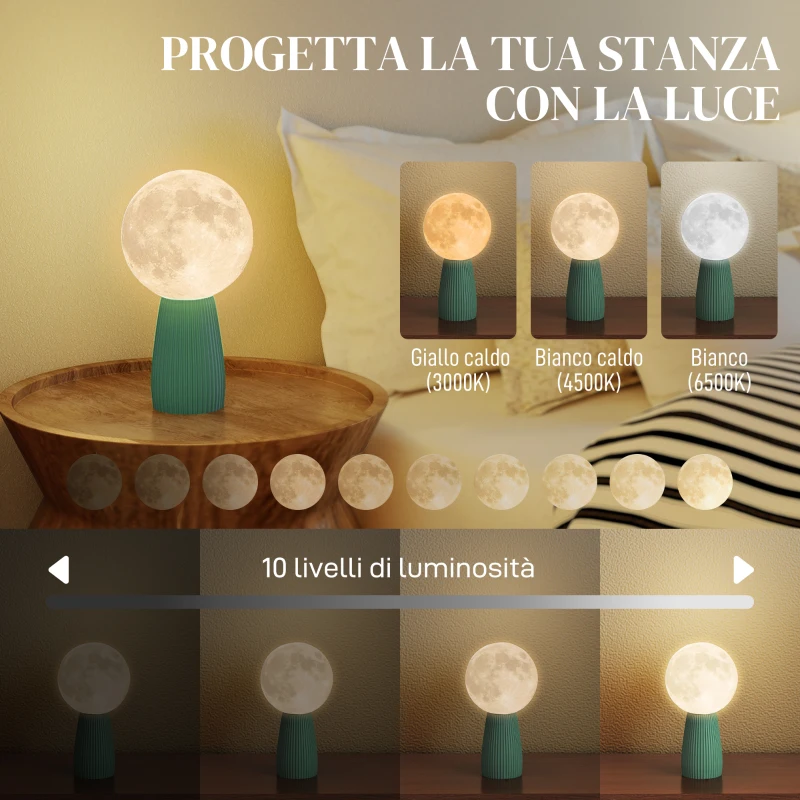 HOMCOM Lampada da Tavolo a Forma di Luna e 3 Colori con 10 Luminosità, in ABS, Ø15x28 cm, Bianco e Verde Scuro
