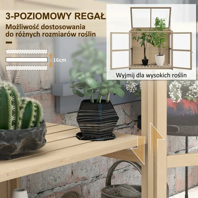 Outsunny Szklarnia drewniana Doniczka 2-poziomowa szklarnia z podwójnymi drzwiami, oknem dachowym, wiatroodporna donica, do ogrodu, balkonu, natury, 103 x 61 x 103 cm