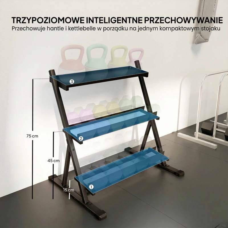 SPORTNOW Regulowany Trójpoziomowy Stojak na Hantle Max. 200 kg Antypoślizgowy Stojak na Krótkie Hantle z Regulowanymi Poprzeczkami