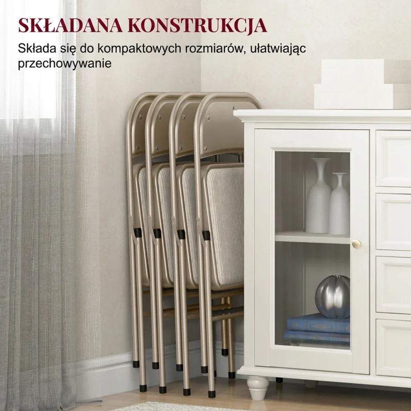 HOMCOM Zestaw 4 składanych krzeseł, przenośne biurowe krzesła, nogi stalowe, składane krzesło do biura, recepcji, poczekalni, wygląd lnu, beżowe