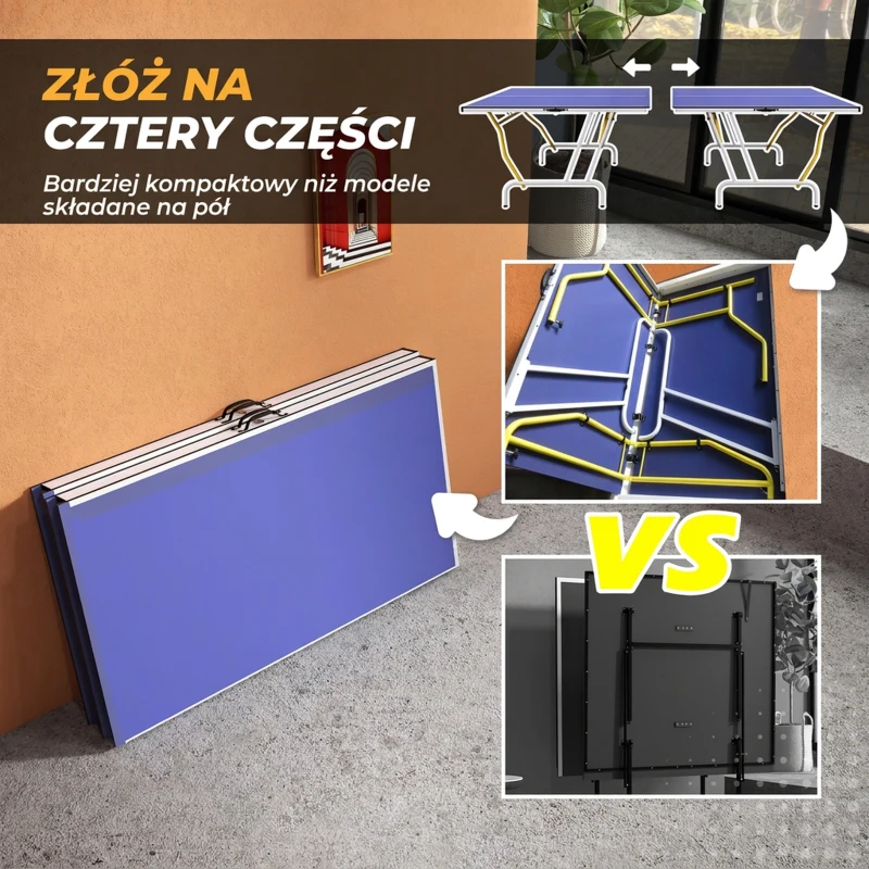 SPORTNOW Stół do tenisa stołowego, składany, w zestawie 2 rakietki, 3 piłeczki, siatka, do wnętrz, metalowa konstrukcja, 274x152x76 cm, niebieski