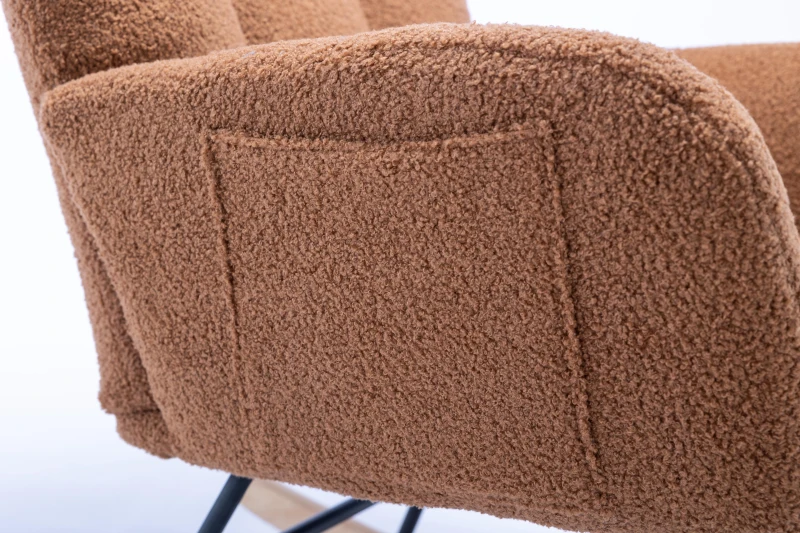 Fauteuil à bascule en tissu teddy, avec poche, dossier enveloppant et base en bois massif, pour salon ou chambre d’enfant, Marron