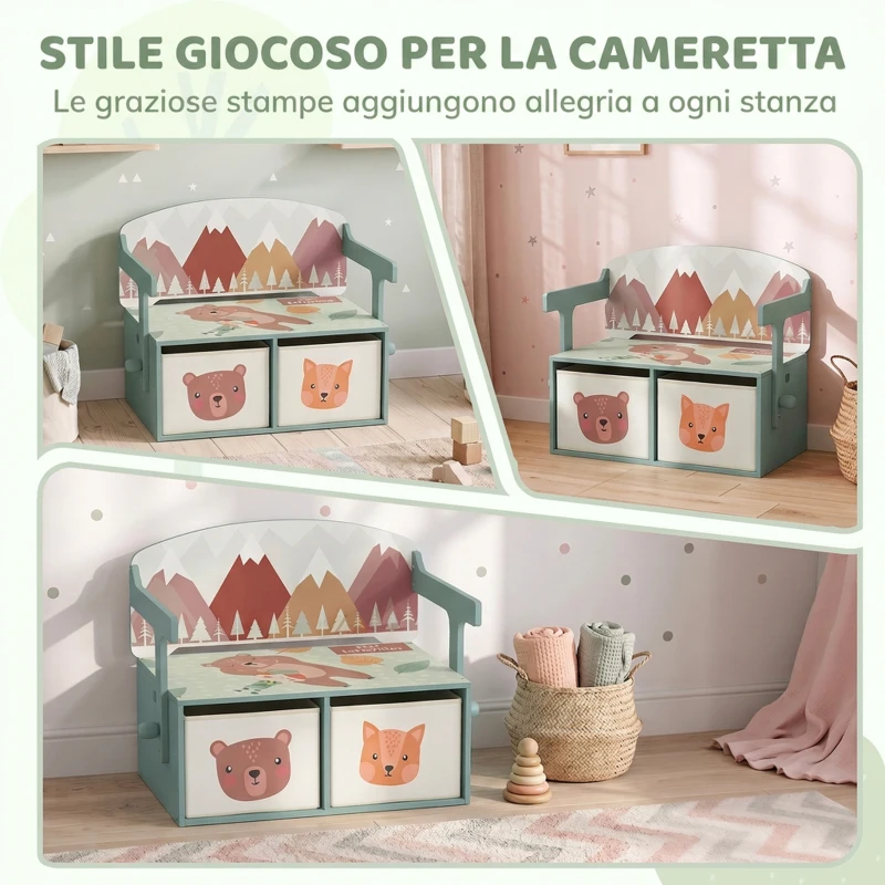 AIYAPLAY 3 in 1 Panca Porta Giochi per Bambini, Convertibile in Tavolo e Sedia con 2 Contenitori, Stampa Orsetto, Verde