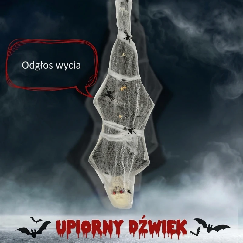 HOMCOM Mumia na Halloween 170 cm, Wiszące Szkieleto z Świecącymi Oczami, Dźwięki Horroru, Dekoracja Drzwi z Siecią Pająka w Naturalnej Wielkości do Użycia Wewnątrz i Na Zewnątrz