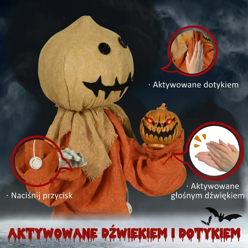 HOMCOM Dekoracja na Halloween 77cm Strach na Wróble z Czerwonymi Świecącymi Oczami, Funkcja Dźwięku, Dekoracja na Halloween z Czujnikiem Ruchu i Dźwięku, Śmiechem, Ruchomymi Ramionami i Rękami