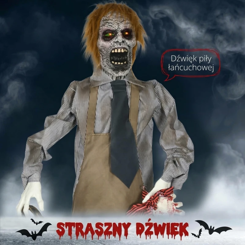 Dekoracja Halloween 170cm Morderca z piłą, ruchome ramiona