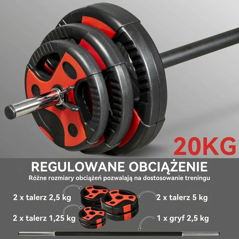 SPORTNOW Zestaw sztang do ćwiczeń 20 kg, z 6 talerzami, 2 x 5kg, 2 x 2,5kg, 2 x 1,25kg, antypoślizgowa rękojeść, czarno-czerwony