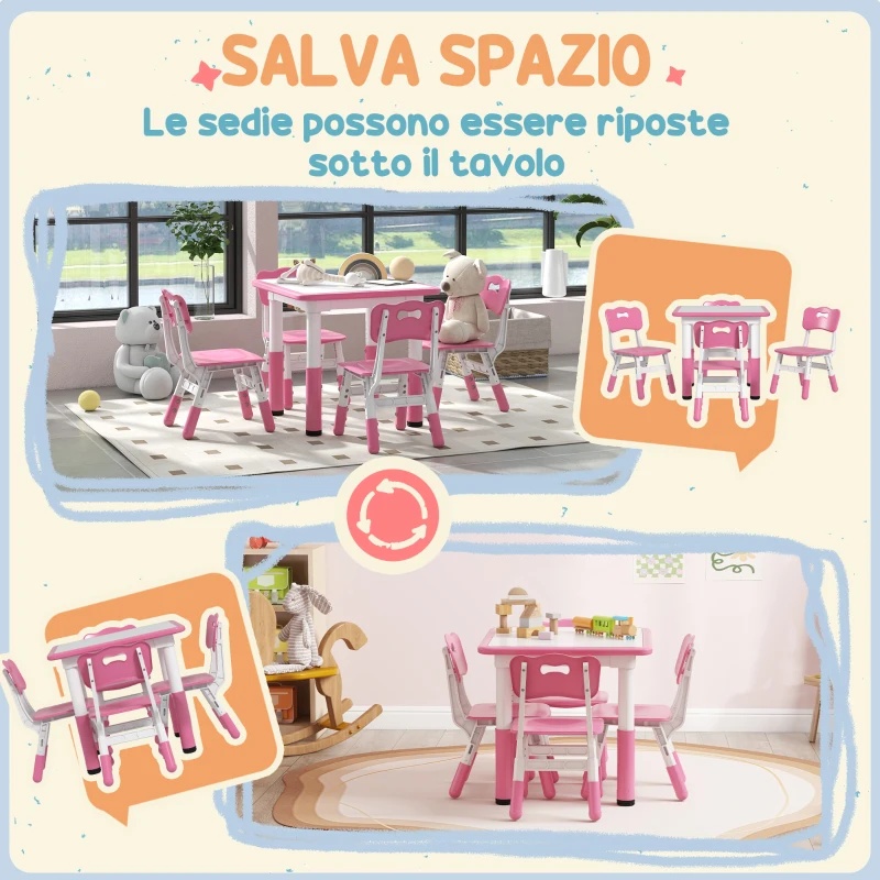 AIYAPLAY Set Tavolo e Sedie per Bambini 5pz con 4 Sedie Regolabili 32x36x52.5-56 cm e Tavolo 60x60x46-58 cm, Rosa