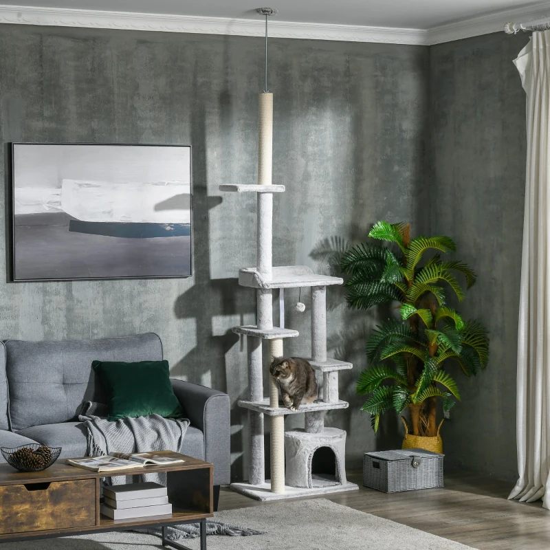 PawHut Albero Tiragraffi per Gatti a Soffitto con Piattaforme e Casetta, 60x40x225-255cm, Grigio