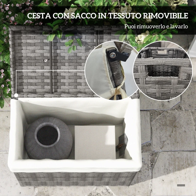 Outsunny Cesta Contenitore da Giardino e Casa in Rattan con Tessuto Interno, 57x34x62cm, Grigio