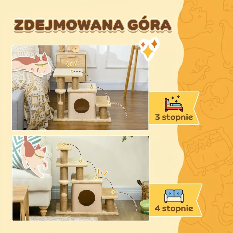 PawHut Schodkowa dla Zwierząt, Drapak, 4 Stopnie, Zabawka Kulista, Kryjówka, regulowany w wysokości, 60 x 40 x 66 cm, Beżowy