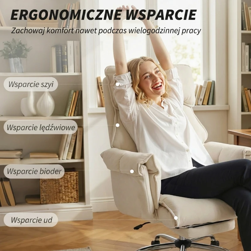 HOMCOM Fotel biurowy z regulowaną wysokością, obrotowy, z lędźwiowym wsparciem, podnóżkiem, śnieżnym flanelowym materiałem, 80 x 80 x 106-114 cm, kremowy