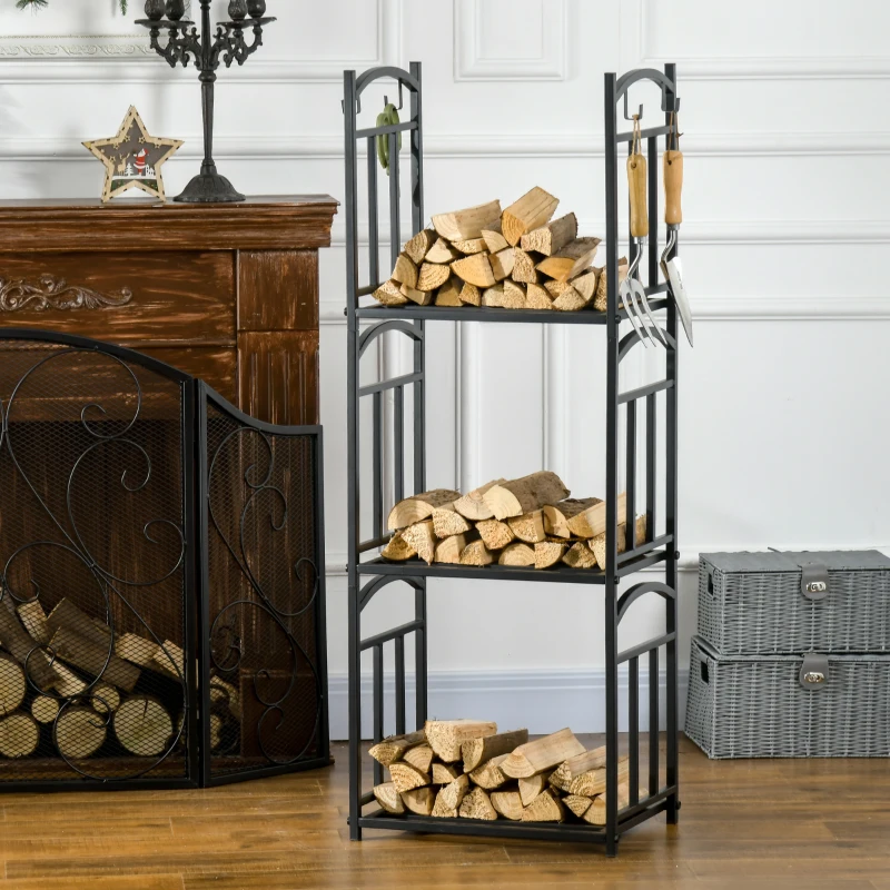 Stojak na drewno kominkowe Outsunny, wewnętrzny, 46 x 32 x 126 cm, 3 poziomy, z 4 hakami, uchwytami, czarny metal