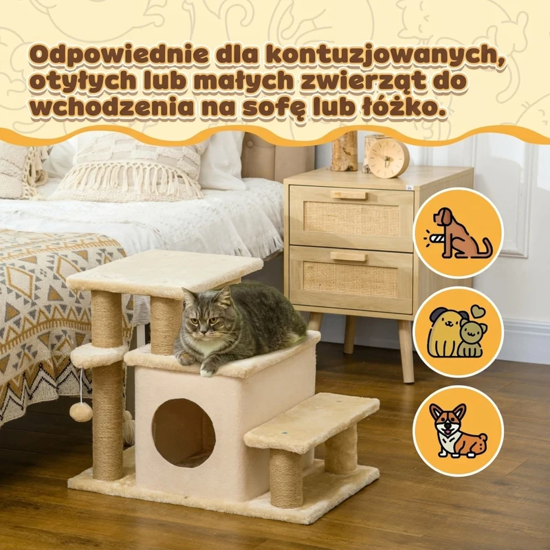 PawHut Schodkowa dla Zwierząt, Drapak, 4 Stopnie, Zabawka Kulista, Kryjówka, regulowany w wysokości, 60 x 40 x 66 cm, Beżowy