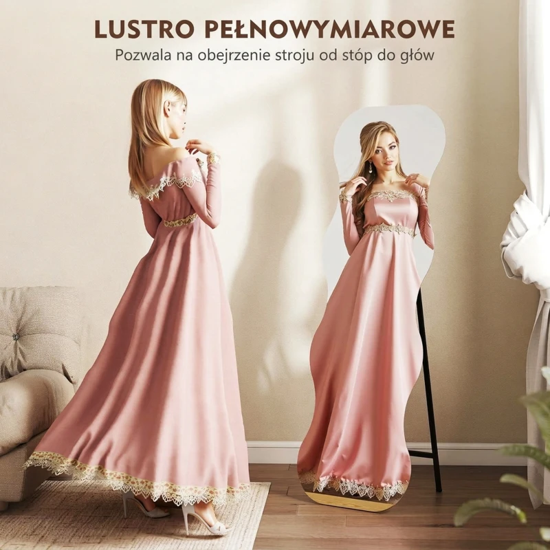 HOMCOM Pełnowymiarowe lustro bez ramy, podstawa drewniana, elastycznie umieszczalne, faliste, czarne