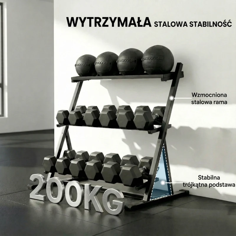 SPORTNOW Regulowany Trójpoziomowy Stojak na Hantle Max. 200 kg Antypoślizgowy Stojak na Krótkie Hantle z Regulowanymi Poprzeczkami