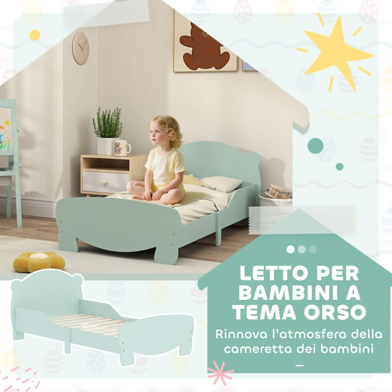 AIYAPLAY Lettino per Bambini con Testiera e Pediera a Orso e 2 Sponde Laterali, in Legno, 143.5x80x55 cm, Verde