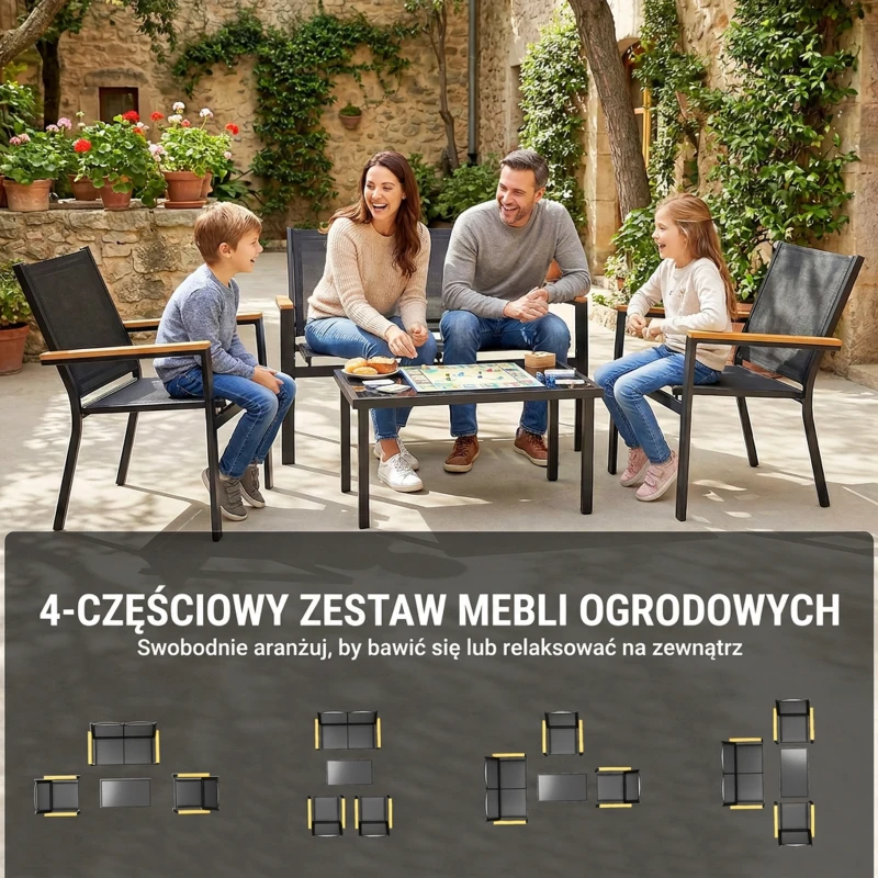 Outsunny Zestaw mebli ogrodowych Metalowy zestaw wypoczynkowy dla 4 osób z kanapą, fotelami i stolikiem 110x63,5x84 cm, czarny