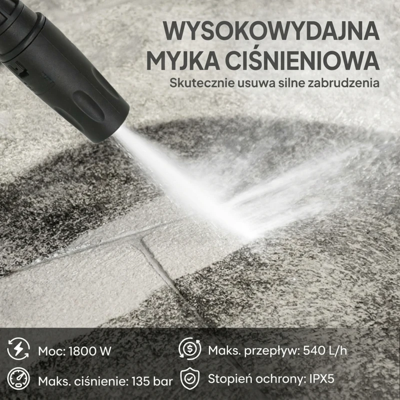 Outsunny Myjka Ciśnieniowa z Aluminiową Pompą 135 bar, 1800 W, 540 L/h, 5 m Wąż, Regulowana Dysza i Uchwyt