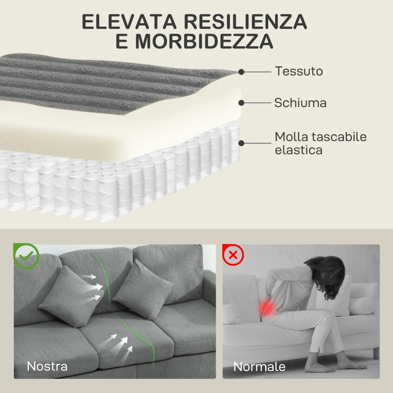 HOMCOM Divano 3 Posti Modulare con Pouf Contenitore in Velluto a Coste, 196x139x85 cm, Grigio Chiaro