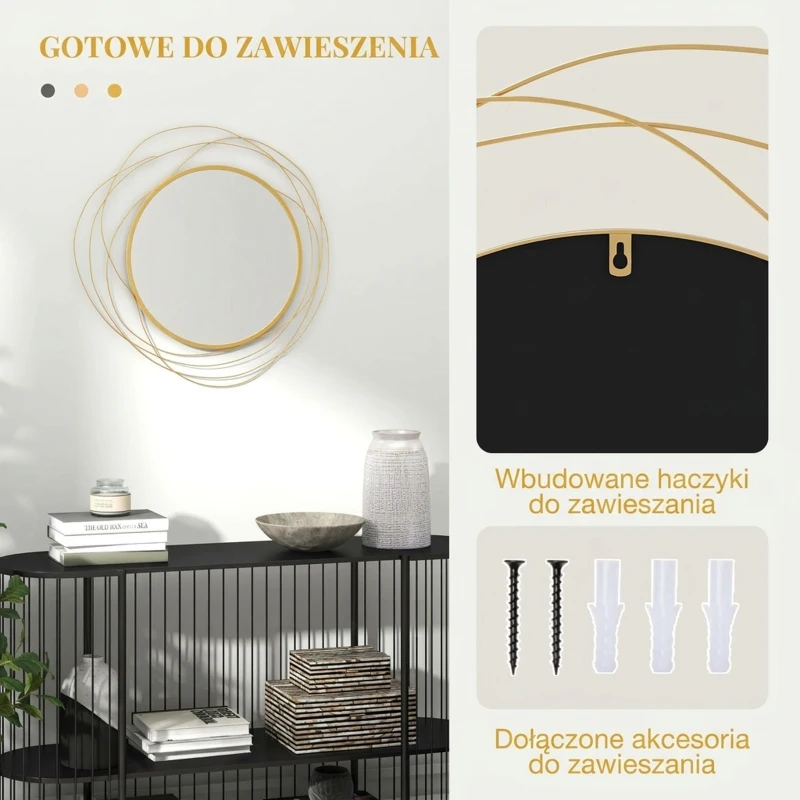 HOMCOM Lustro ściennie, Ø65 cm Dekoracja ścienna z Lustrem, Metalowa Rama, Lustro do Przedpokoju, Sztuka Ścienna do Salonu, Sypialni, Złote