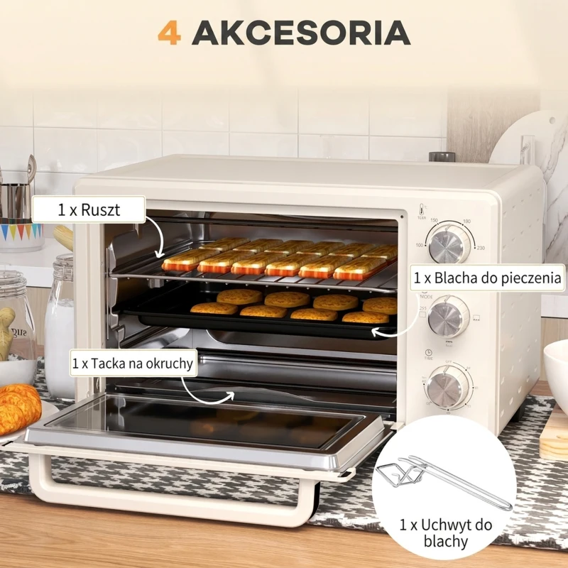 Mini Piekarnik HOMCOM, 3 tryby, do 230° C, 1400W, z akcesoriami, 46x38,5x29cm, Kremowy