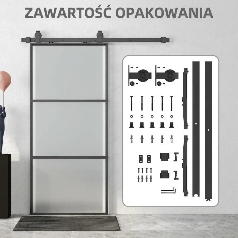 HOMCOM 91.4 x 203.2cm Sliding Door with 183cm Sliding Glass Door Hardware Kit Included Floor Guide & Soft Mechanism, Easy Assembly, Black