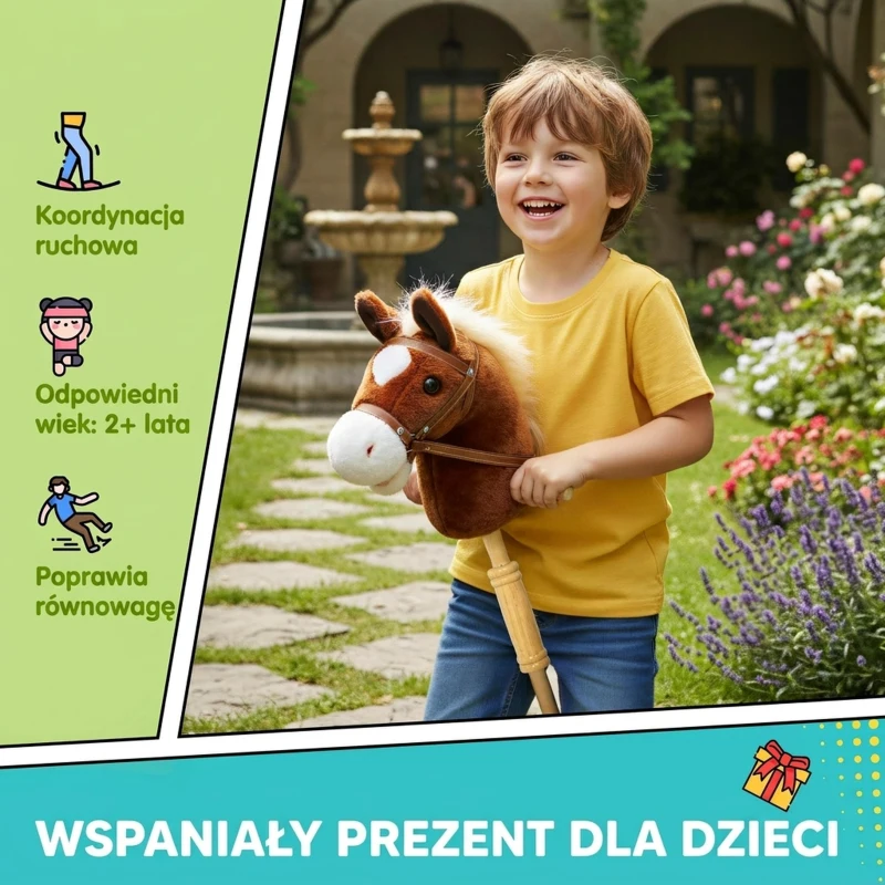 AIYAPLAY Konik na patyku dla dzieci z dźwiękami, uchwytami, kółkami, idealny do jazdy, dla dzieci 24+ miesięcy, Brązowy