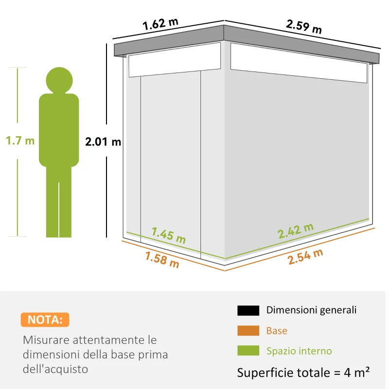 Outsunny Capanno da Giardino con Lucernario in Acrilico e Fori di Drenaggio, in Acciaio, 162x259x201 cm, Grigio Scuro