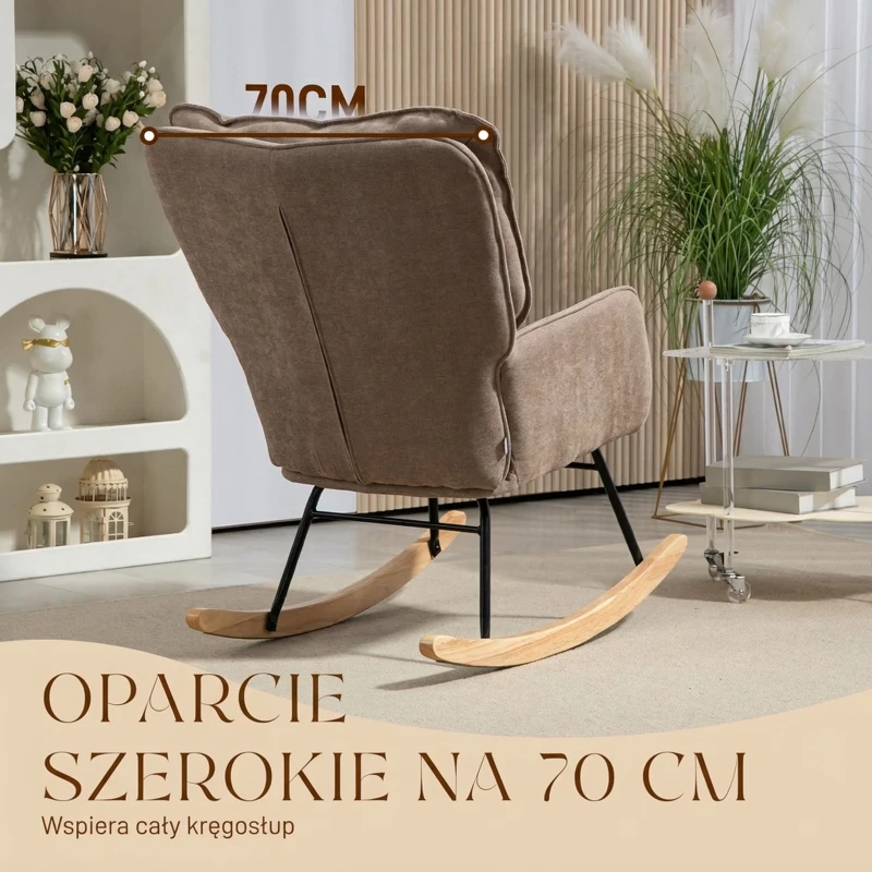Fotel bujany z chenille, brązowy, do sypialni, wygodny