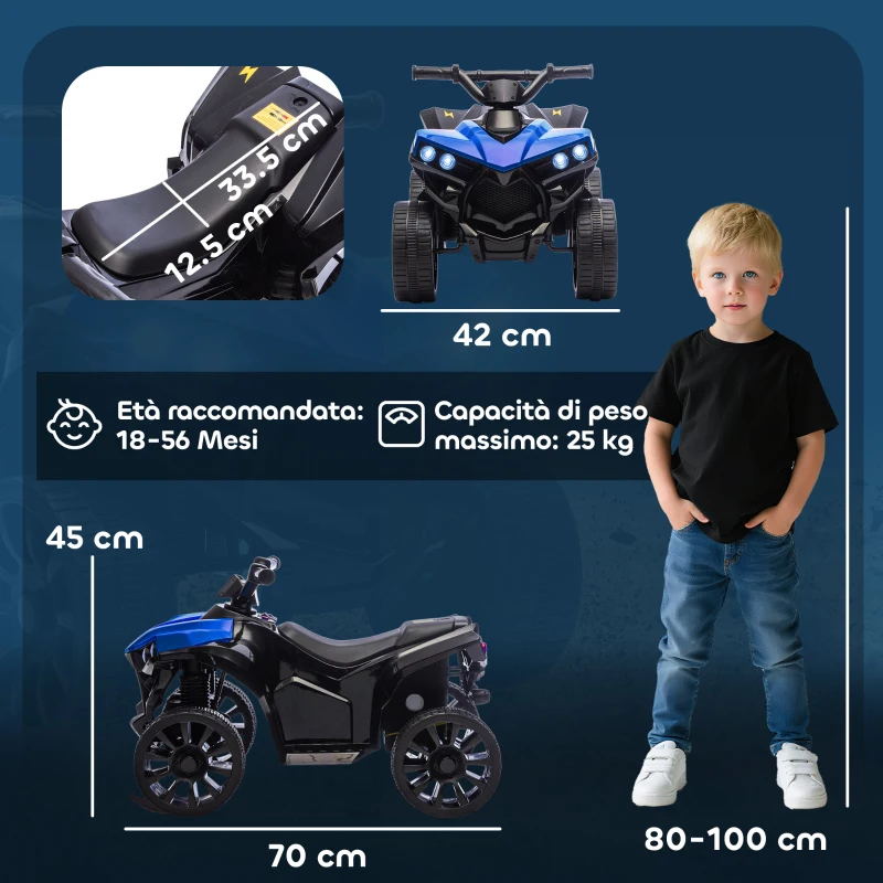 AIYAPLAY Quad Elettrico per Bambini ATV con Batteria Ricaricabile 6V, Fari LED e Musica, Età 18-56 Mesi, Blu