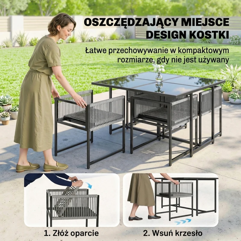 Outsunny Zestaw Mebli Ogrodowych 5-częściowy Stół ze Szklanym Blatem i 4 Oddychającymi Składanymi Krzesłami