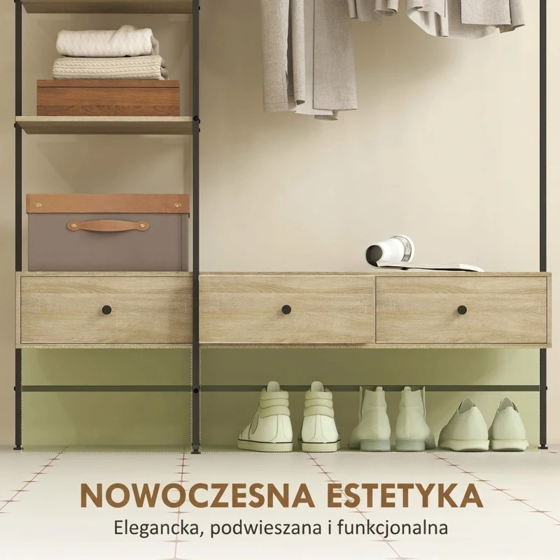 HOMCOM Garderoba z półkami, szufladami i drążkiem na ubrania, 180 cm wolnostojąca garderoba w nowoczesnym stylu, metalowa rama, dąb