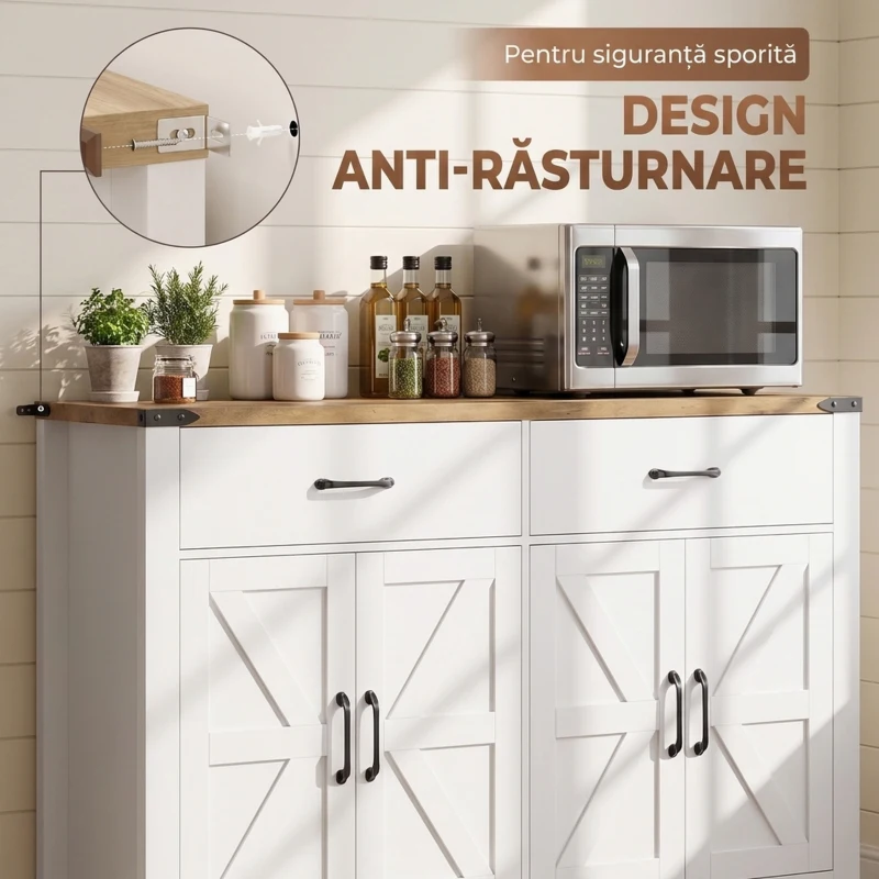 HOMCOM Bufet de bucătărie cu 2 sertare și 2 dulapuri, stil rustic, cu rafturi reglabile, alb